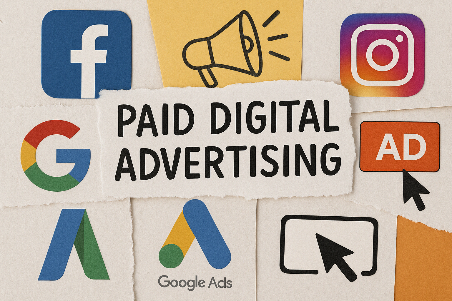 Collage of digital advertising icons including Facebook, Instagram, Google, and Google Ads with the phrase “Paid Digital Advertising” in bold black letters.