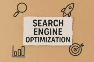 Image with “Search Engine Optimization” in bold text on torn paper, surrounded by icons of a magnifying glass, rocket, bar chart, and target, all on a brown textured background.