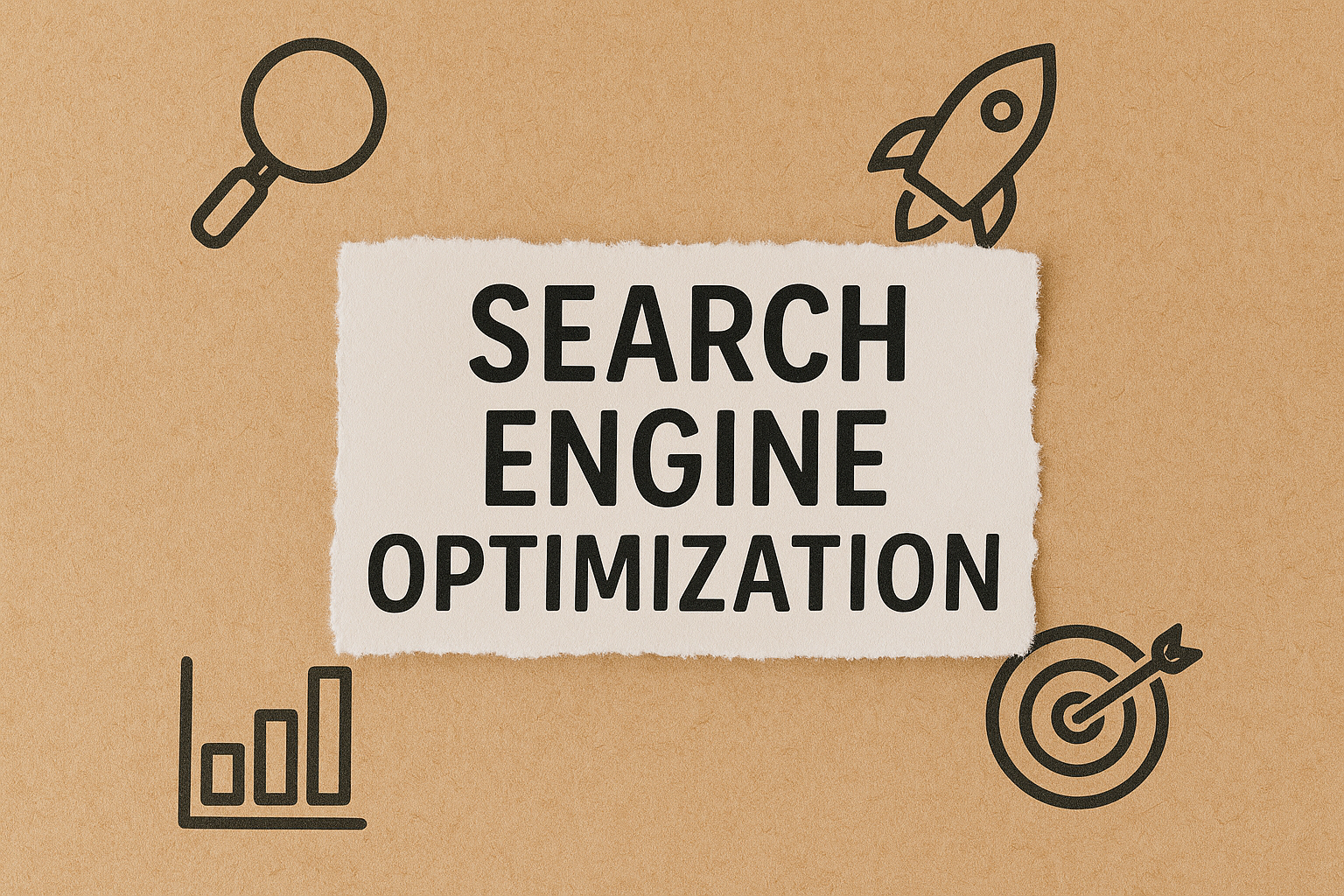 Image with “Search Engine Optimization” in bold text on torn paper, surrounded by icons of a magnifying glass, rocket, bar chart, and target, all on a brown textured background.