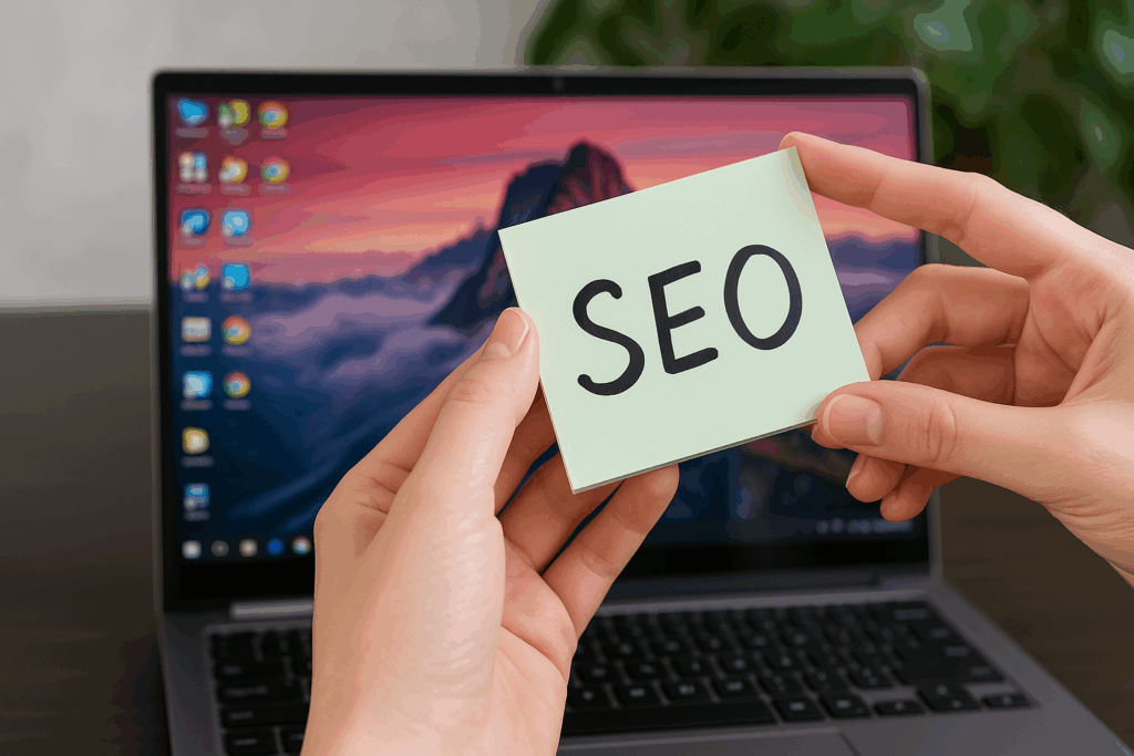 A person holding a sticky note labeled “SEO” in front of an open laptop with a scenic wallpaper on the screen.