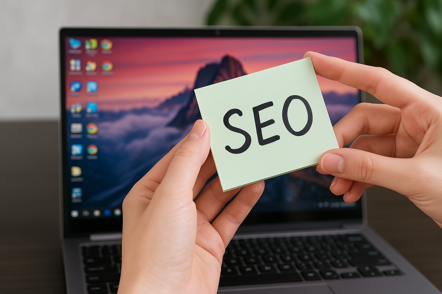 A person holding a sticky note labeled “SEO” in front of an open laptop with a scenic wallpaper on the screen.