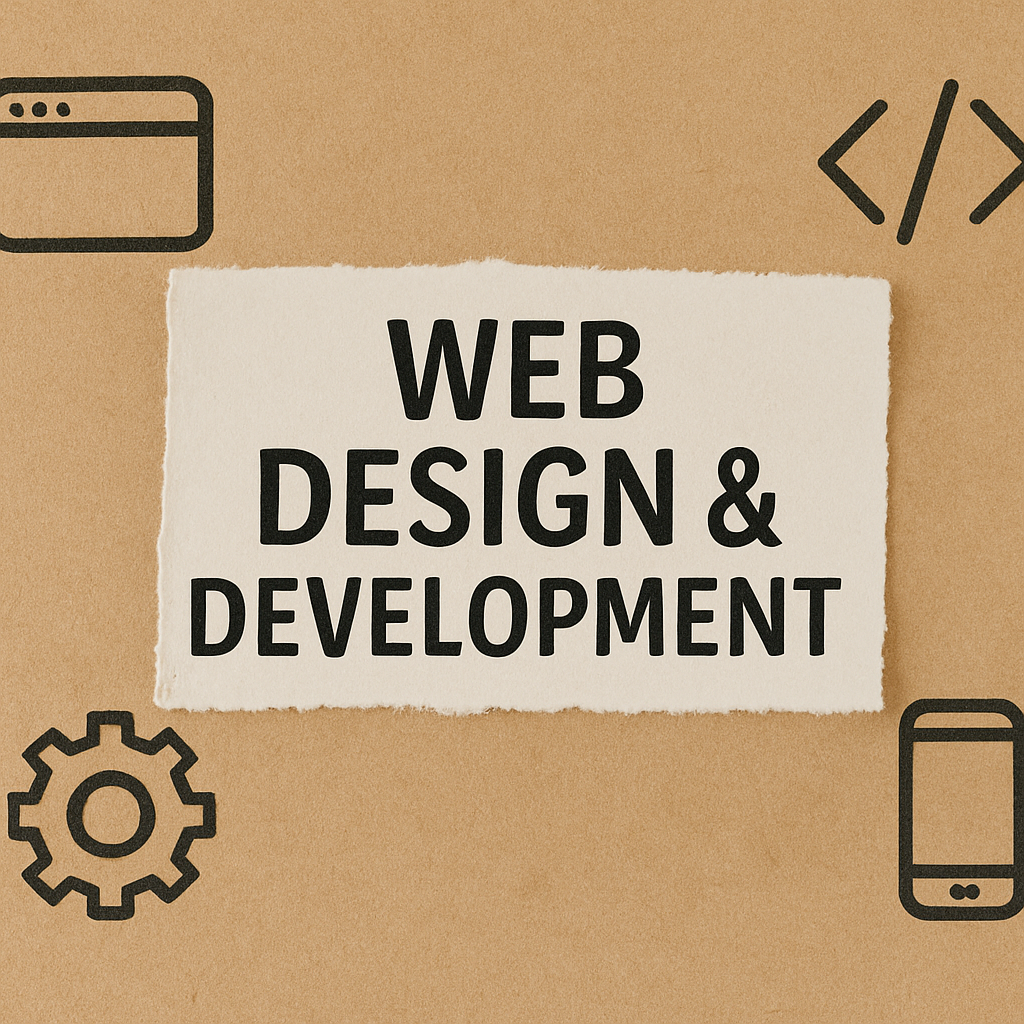 Square image with “Web Design & Development” on torn paper, surrounded by icons of a browser, code, gear, and smartphone over a kraft paper background.