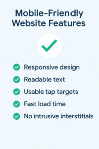 Checklist of mobile-optimized website features such as responsive layout, readable fonts, and fast load time