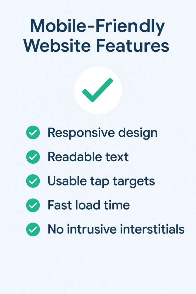 Checklist of mobile-optimized website features such as responsive layout, readable fonts, and fast load time