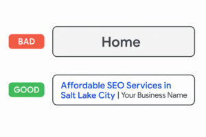 Side-by-side example of a vague title tag and a well-optimized keyword-rich title tag